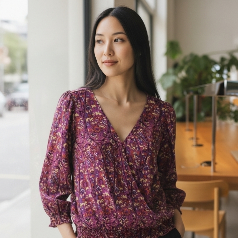 MELLÓDAY Anthropologie Long Sleeve Floral Fuscia Pullover Top - XL